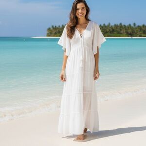 White Goddess Dress Butterfly Sleeves Tiered Tassels Maxi M